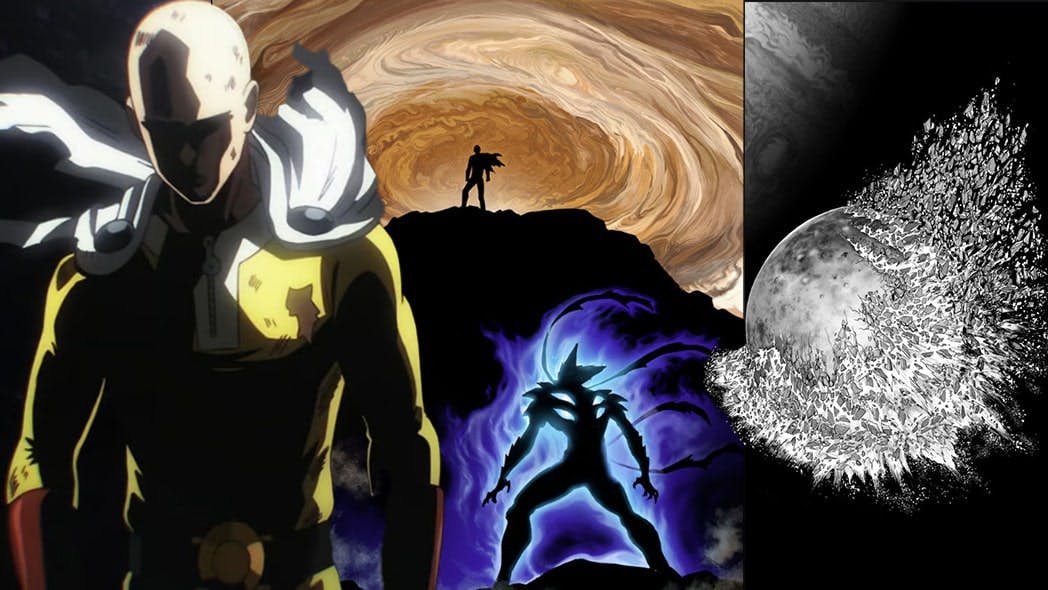 Saitama showcases his unparalleled power in a series of shots, each frame emphasizing the extraordinary might of the One Punch Man.