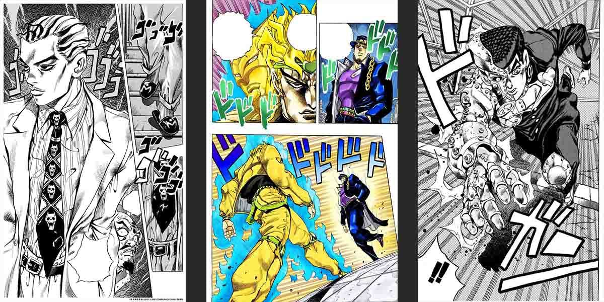 A captivating image featuring three realistic panels from JoJo's Bizarre Adventure manga. Kira from Part 4, Dio and JoJo's intense confrontation from Part 3 in vibrant color, and a striking JoJo from Part 5 showcase the exceptional artistry that brings these iconic characters to life.