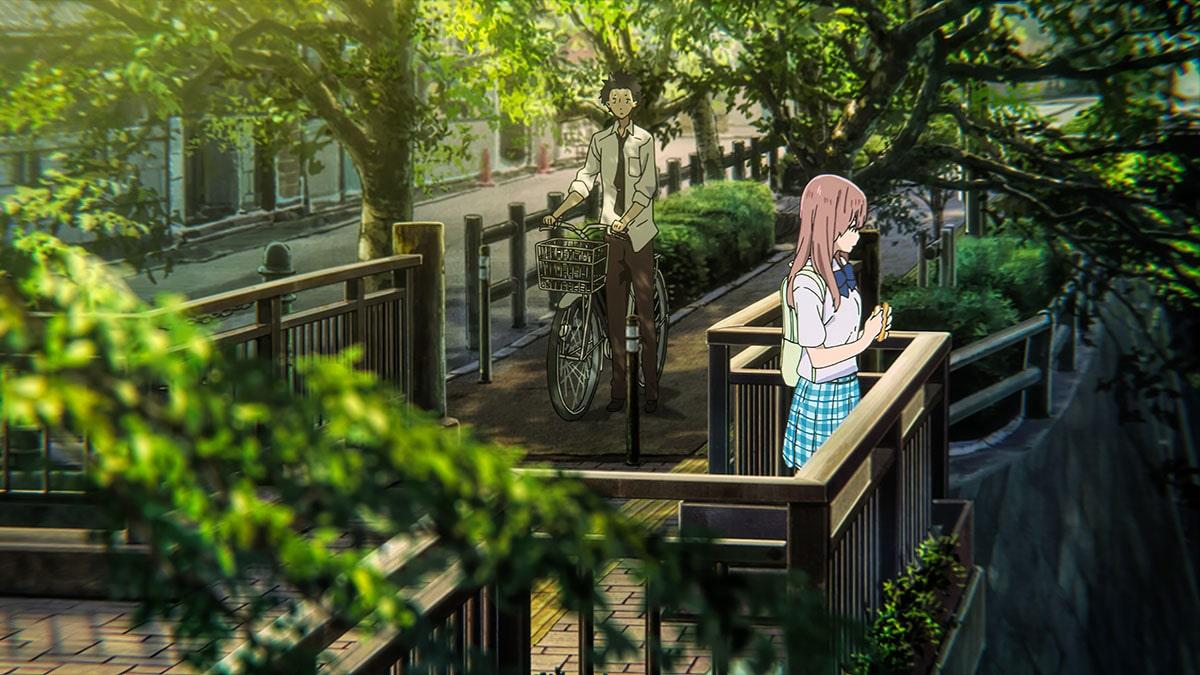 A poignant scene from the movie A Silent Voice, showcasing a girl standing near a serene riverbank, gazing contemplatively into the distance, as a boy approaches her on a bicycle, their expressions hinting at a meaningful encounter filled with hope, forgiveness, and the possibility of healing.