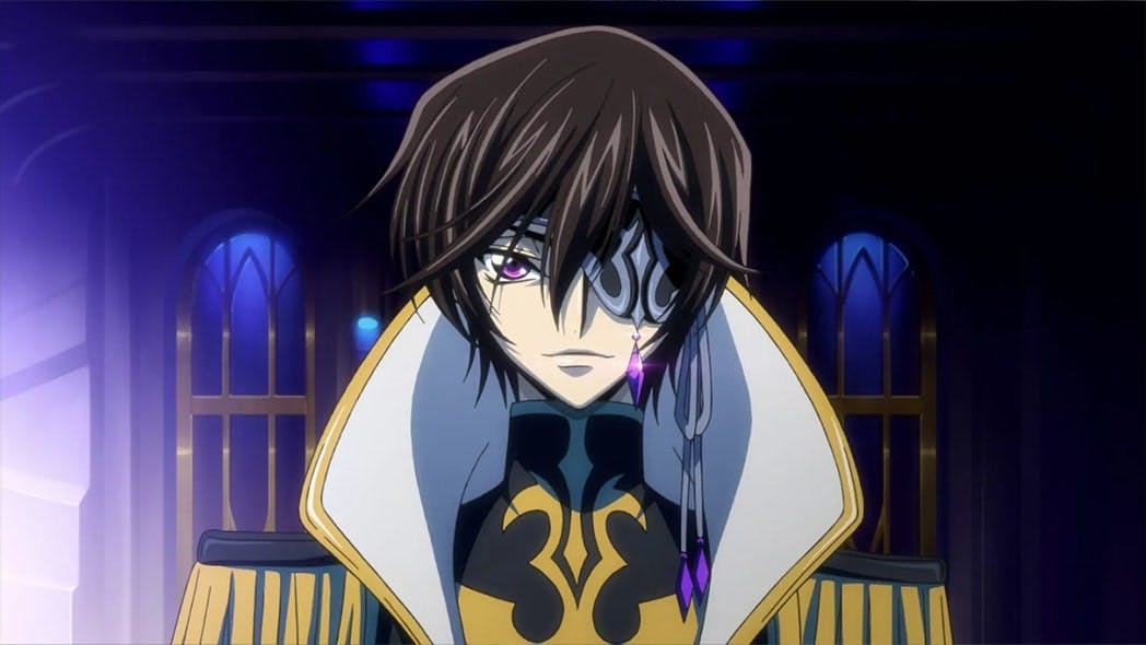 Lelouch vi Britannia, enigmatic in formal attire with his left eye concealed, exudes strategic brilliance in Code Geass: Boukoku no Akito 3 (2015). A captivating image capturing the essence of rebellion and political intrigue in an alternate world.{caption: Lelouch in Code Geass: Boukoku no Akito 3 - Kagayakumono Ten Yori Otsu (2015)}