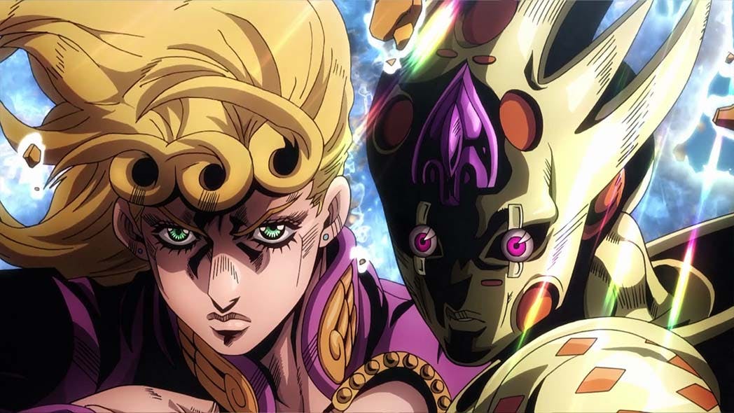 Giorno Giovanna and his formidable stand, Gold Experience Requiem, stand resolute side by side. The screen's edges reveal scattered rubble, frozen mid-motion, a testament to the awe-inspiring power that Gold Experience Requiem possesses, halting even the smallest fragments with ease.{caption: Giorno Giovanna in JoJo's Bizarre Adventure: Golden Wind (Season 4 Episode 38)}