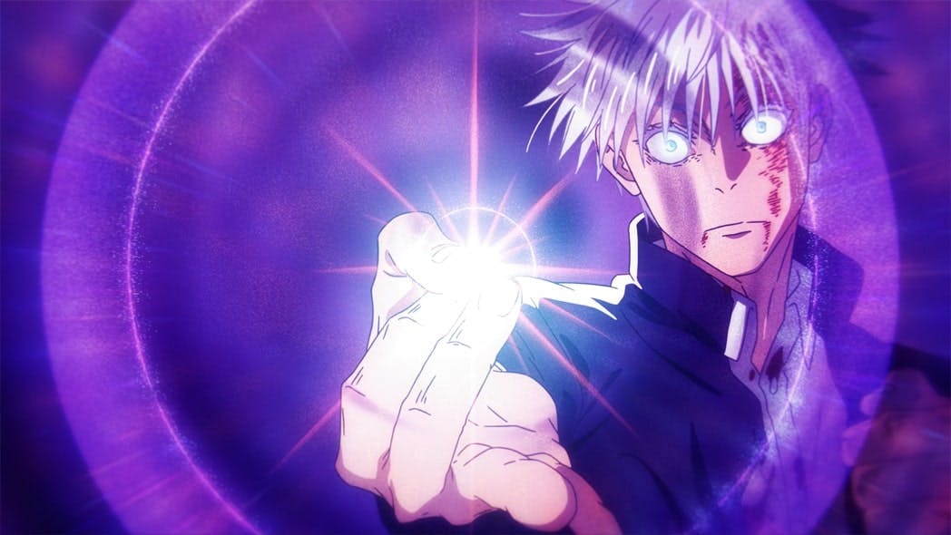 Satoru Gojo, with blood streaked across his face, commands attention as he snaps his fingers, unleashing the initial fusion of blue and red energies known as Hollow Purple. The resulting vivid purple aura radiates power, marking the electrifying moment of his first activation.{caption: Satoru Gojo in Jujutsu Kaisen (Season 2 Episode 4)}