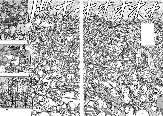 A breathtaking depiction of a large-scale medieval battle from the manga Berserk, with armored warriors clashing amidst the chaos, brandishing swords and spears as blood stains the battlefield, capturing the raw intensity and brutality of the conflict.
