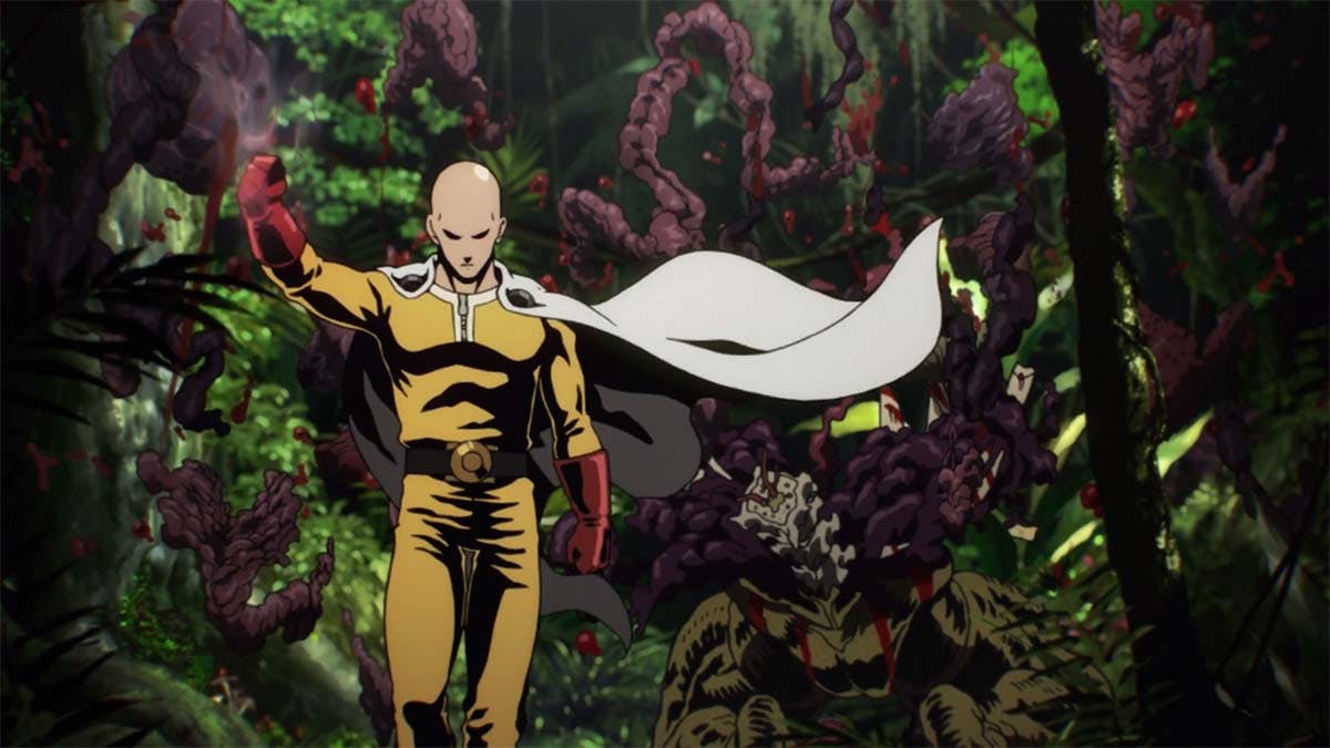 Saitama, the bald and unbeatable superhero from One Punch Man, triumphantly stands amidst a dense jungle/forest, having effortlessly vanquished a formidable monster, with broken trees and scattered debris as evidence of the epic battle that just took place.