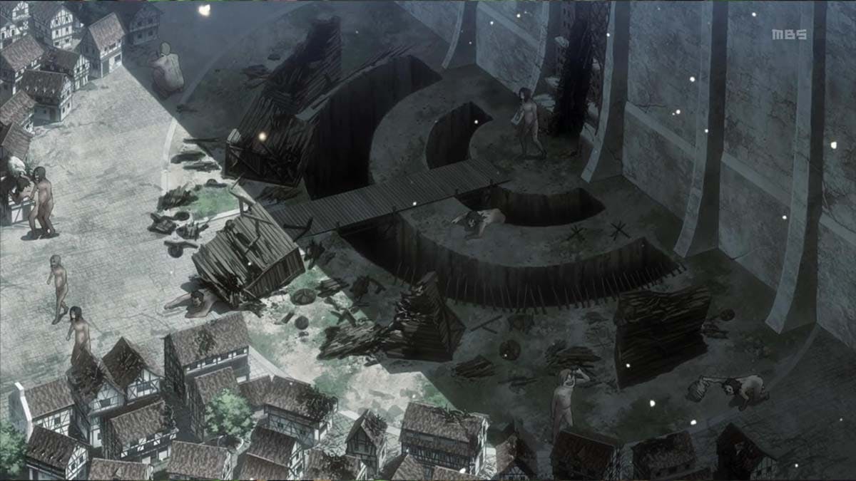 A chilling scene from Attack on Titan, depicting colossal Titans ominously striding past the decimated human defenses at the entrance of the wall, their massive forms dwarfing the remnants of shattered structures, creating an atmosphere of imminent danger and despair for the vulnerable humans witnessing the overwhelming threat