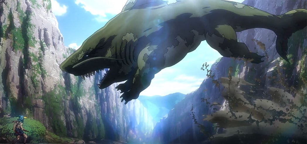 A screenshot from episode 5 of Shangri-la Frontier depicting a land shark leaping towards the protaganist