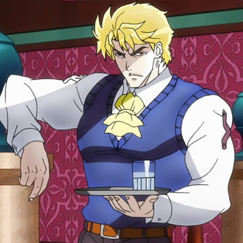 Dio Brando holds a tray with a glass of water, his calculating gaze hinting at his cunning nature, while the anticipation of his malevolent deeds lingers, captured in this intriguing image from JoJo's Bizarre Adventure.