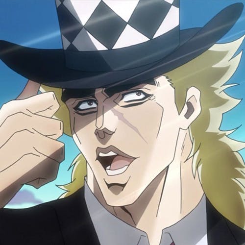 Robert E. O. Speedwagon, a prominent character from JoJo's Bizarre Adventure, dons his signature checkered hat, his charismatic expression and rugged appearance embodying his adventurous spirit, loyalty, and unwavering determination, as captured in this iconic image.