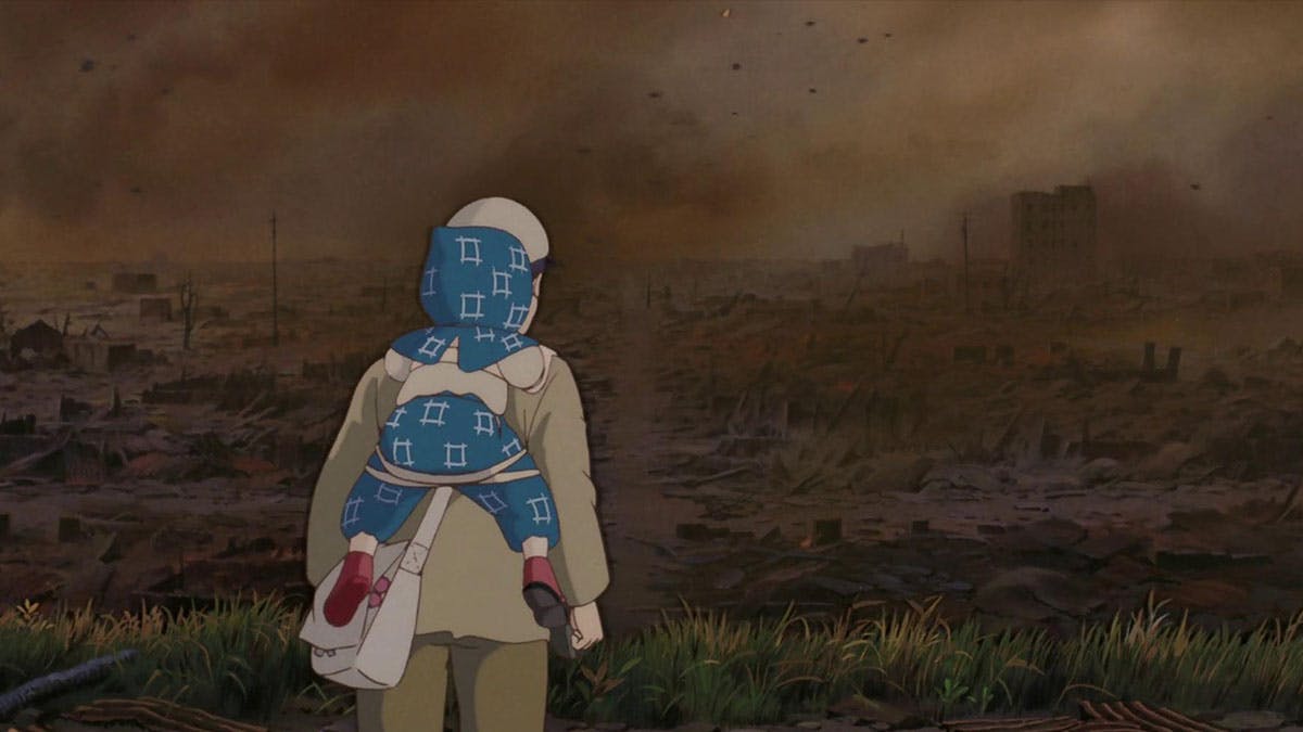 A heartbreaking moment from the movie Grave of the Fireflies shows the protagonist, carrying his younger sister in his arms, gazing at the devastation of a war-torn city, their expressions revealing a mix of exhaustion, despair, and an unbreakable bond as they navigate the harsh realities of survival amidst the ruins.