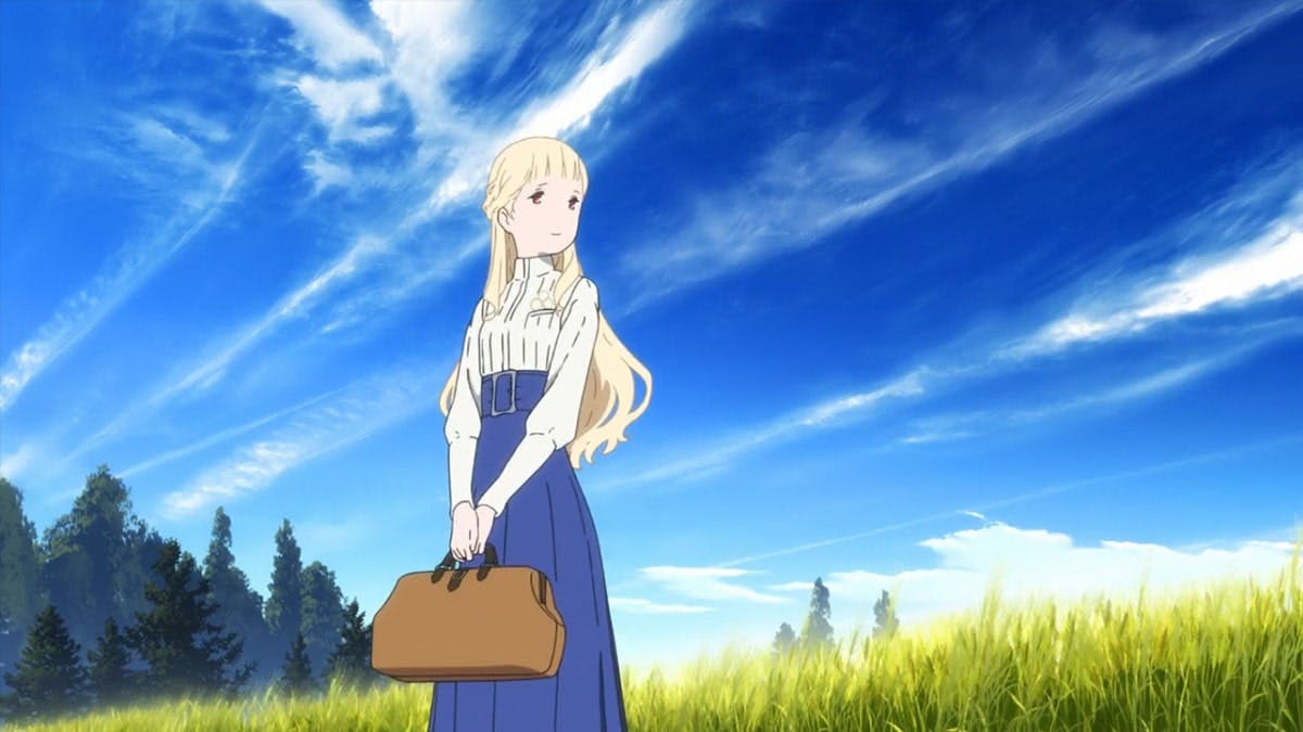 The main character of 'Maquia: When the Promised Flower Blooms' stands with a bag in hand, gazing pensively into the distance, against a backdrop of a vibrant blue sky, capturing a moment of introspection and the vastness of possibilities that lie ahead in this beautifully animated tale.