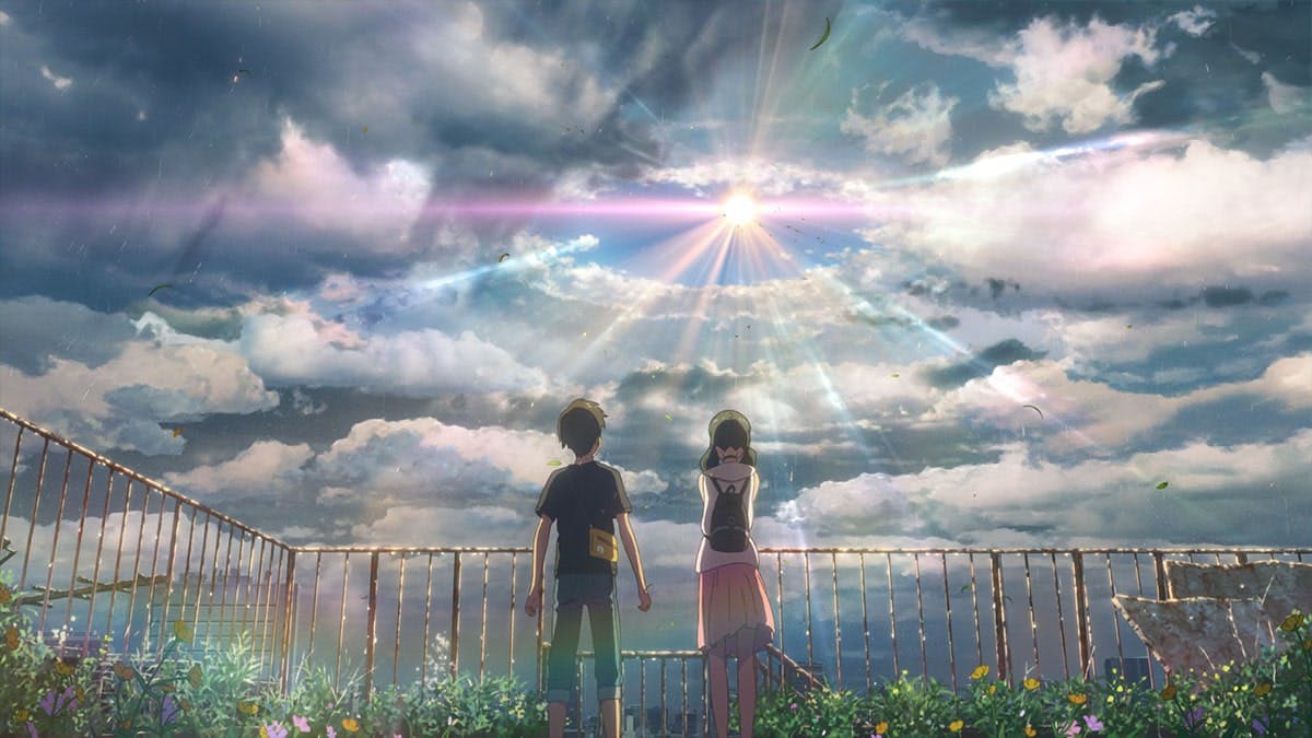 A captivating moment from the movie 'Weathering with You' shows the protagonists gazing upward, their eyes filled with wonder, as rays of sunlight break through storm clouds, illuminating the sky with a breathtaking mix of light and shadow, symbolizing hope, resilience, and the possibility of finding beauty amidst life's challenges.