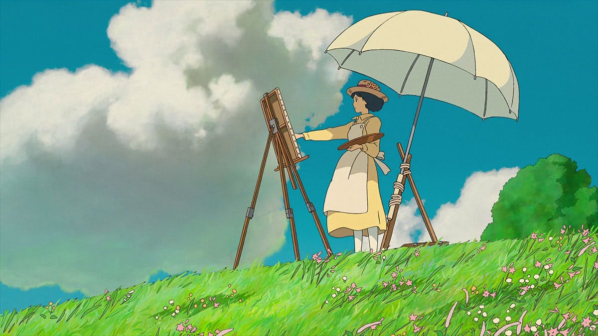 A captivating scene from the movie 'The Wind Rises' showcases a girl sitting on a lush green hill, engrossed in her painting, against a backdrop of a vibrant, clear blue sky, capturing a serene moment of artistic inspiration and the harmonious blend of nature's beauty with the boundless imagination of the protagonist
